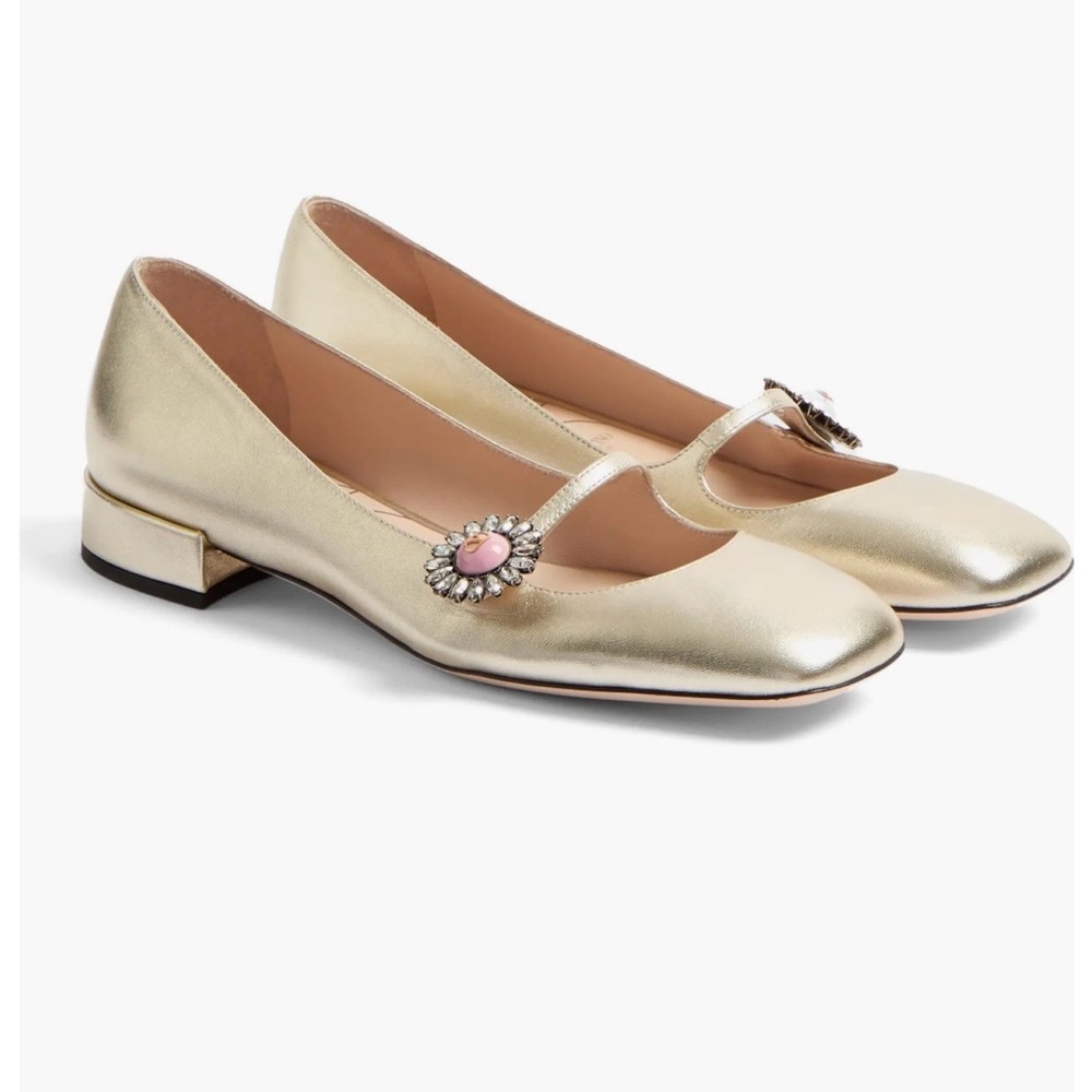 Valentino Metallic Gold Flats with Pink Embellishment